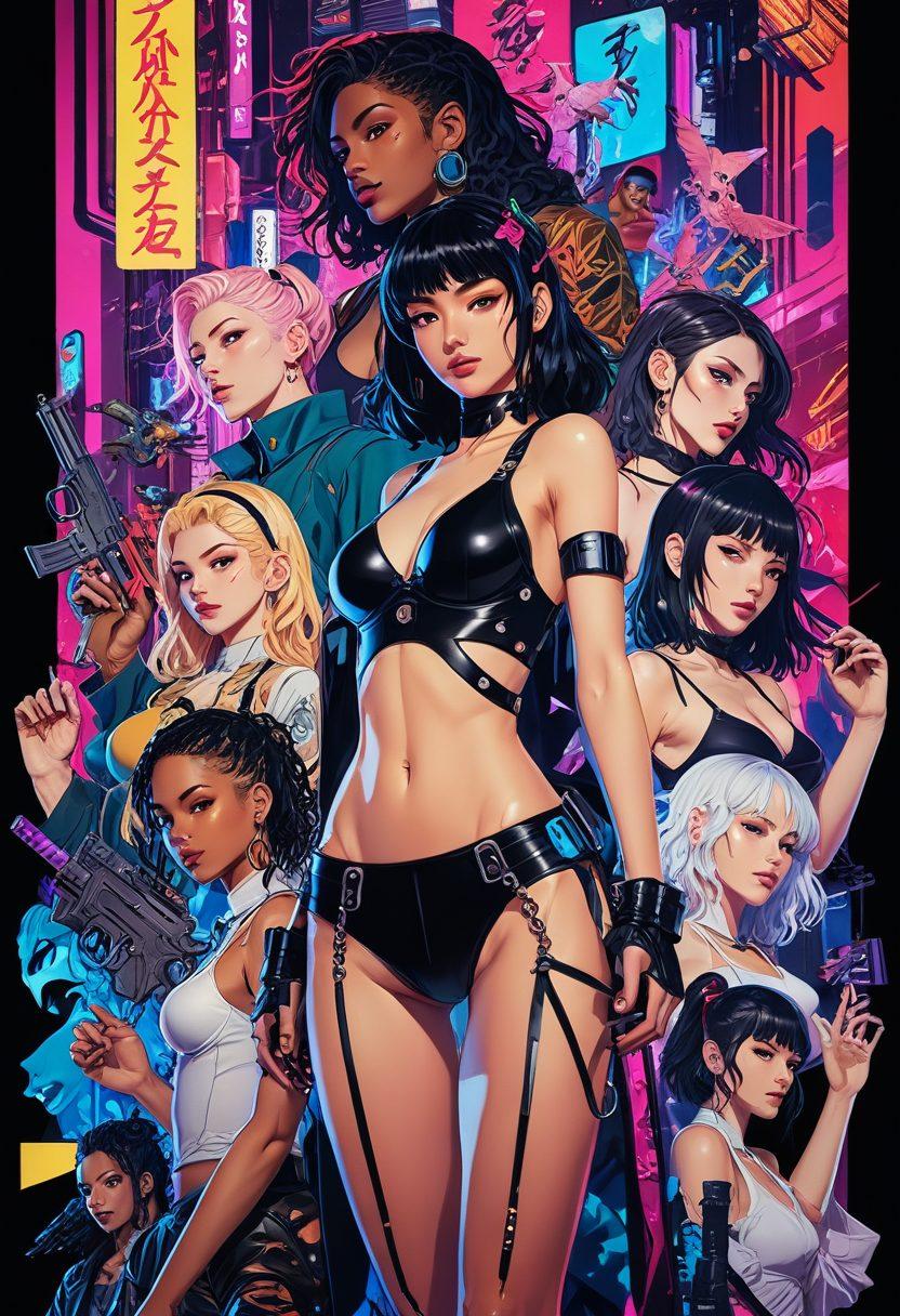 A vibrant, dynamic collage of diverse characters from various hentai styles, set against a backdrop of an abstract representation of the sex industry. Incorporate elements like neon lights, playful shadows, and symbolisms of freedom and exploration. The scene should convey both allure and an inviting atmosphere, highlighting the evolution of adult content. super-realistic. vibrant colors. cyberpunk.